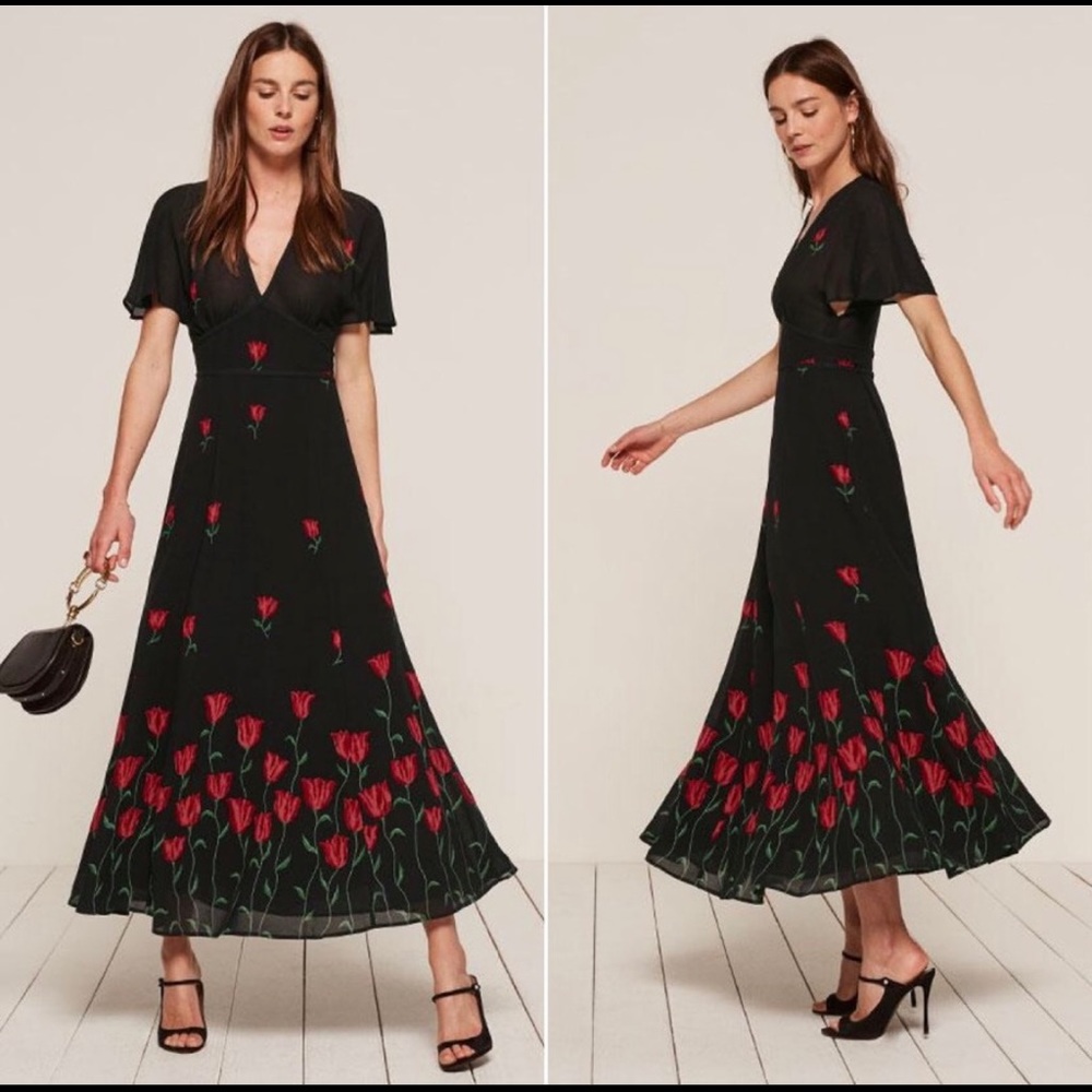 Reformation black tulip dress long with sleeves